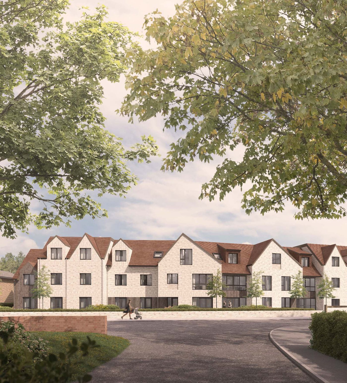 CGI of the new 60-bed care home at Chelmsford: three-storey brick and render building set among mature trees