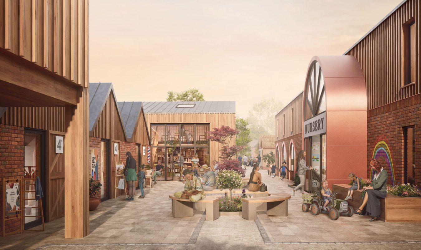 CGI of Curborough Craft Centre: timber-clad retail units with a nursery and seating around a landscaped courtyard