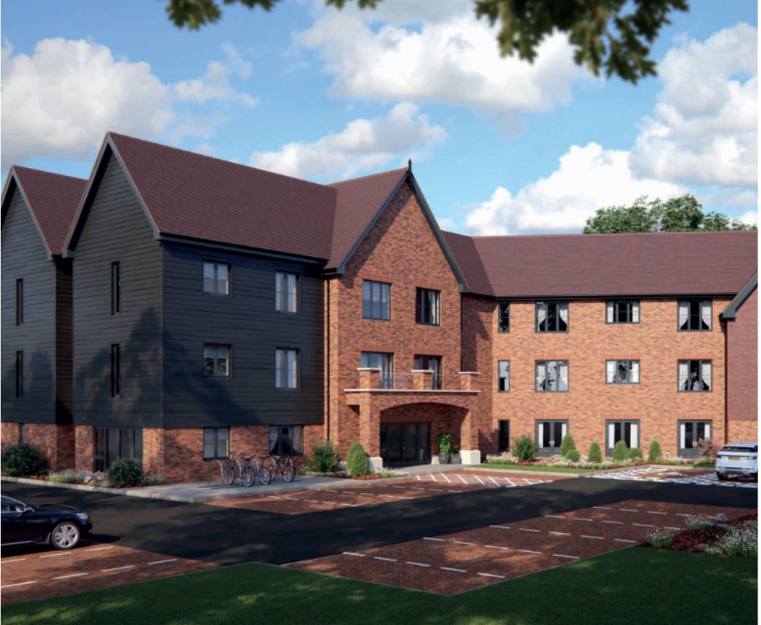 CGI of the new 78-bed care home at King’s Hill: three-storey red brick and dark timber-clad building with landscaped car park