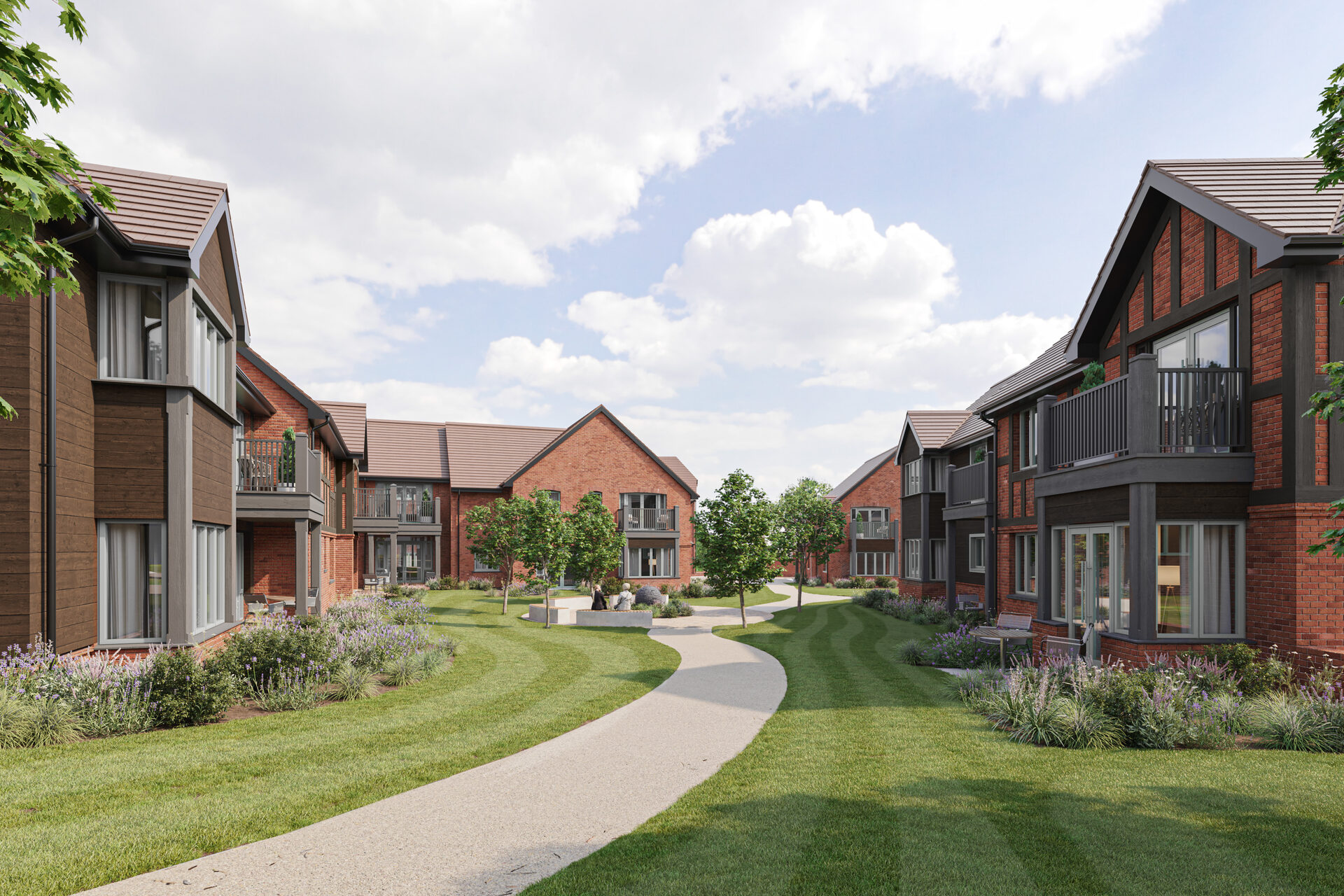 CGI of Knowle Retirement Village courtyard: maisonette-style apartment buildings around landscaped gardens and walkways