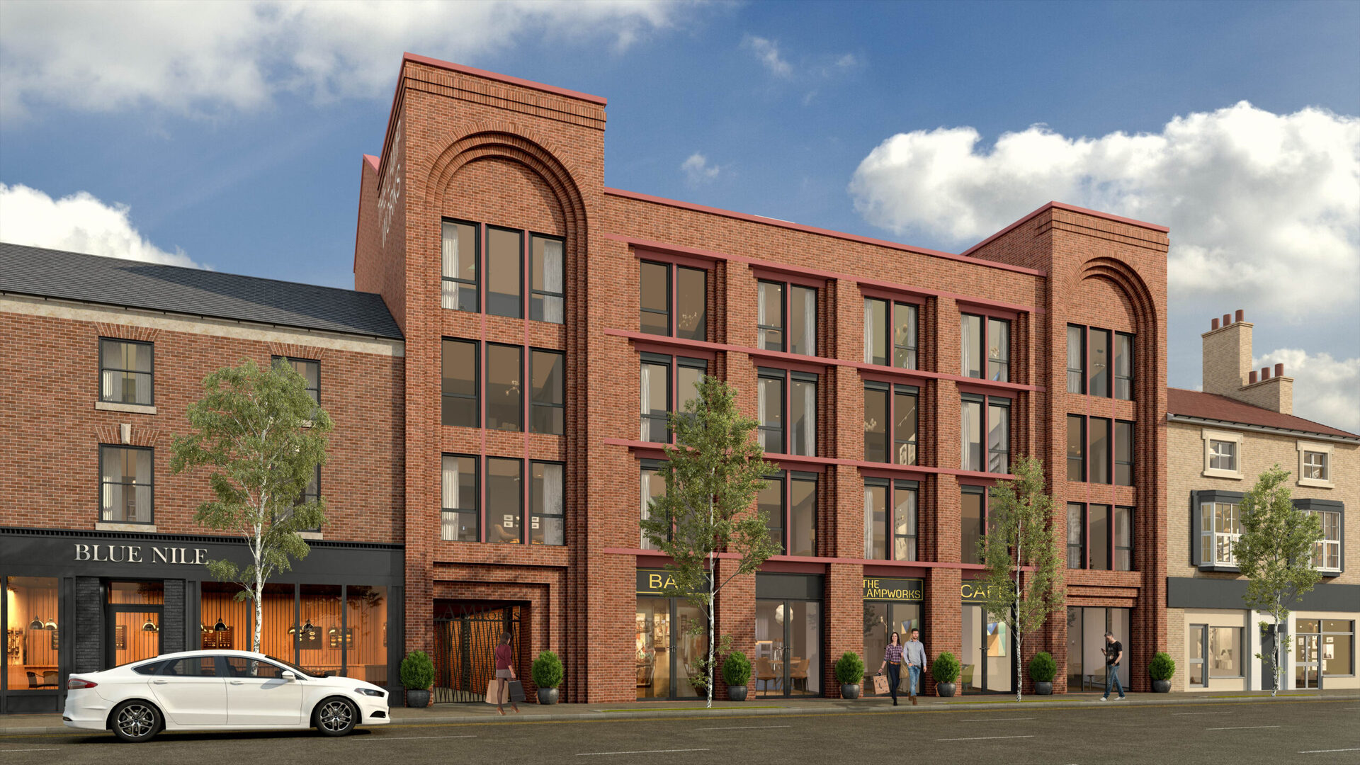 CGI of The Lampworks gable signage above tree-lined street cafe seating