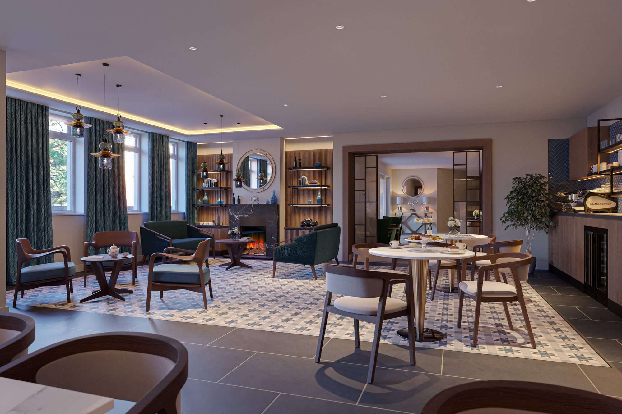 CGI of the residents&rsquo; bistro and lounge at Melrose Grange, with a cafe counter, fireplace and feature lighting